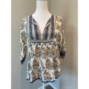 Lucky Brand Blue Floral V Neck Mid Sleeve Top